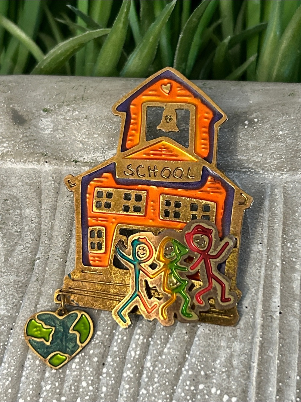Vintage Enamel & brass School House Pin with little children and dangling charms